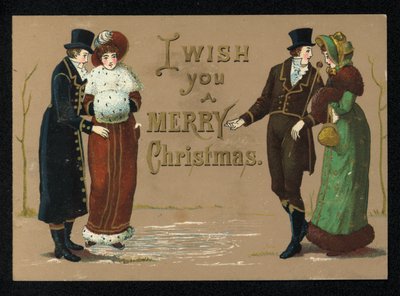 Dámy a pánové v zimním oblečení, vánoční přání. (chromolitho) od English School