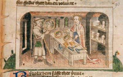 Lady Hagiografie ukazuje poutníkovi svou výstavu mastí a toaletních potřeb, ilustrace z anglického překladu „Poutník života člověka“ od Guillauma Deguileville, kolem 1430-50 (vellum) od English School