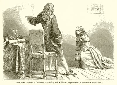 Lady Mary, hraběnka z Caithness, se přimlouvá u Middletona za povolení odstranit hlavu jejího otce od English School