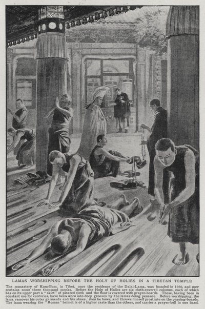 Lamové uctívající před Nejsvětějším v tibetském chrámu (litho) od English School