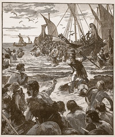 Vylodění Římanů na pobřeží Kentu, ilustrace z Cassells Illustrated History of England (sépiová fotografie) od English School