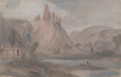 Krajina s hradem na kopci, dříve připisovaná J.M.W. Turner (1775-1851) a také připisován Peteru de Wint (1784-1849) (olej na papíře) od English School
