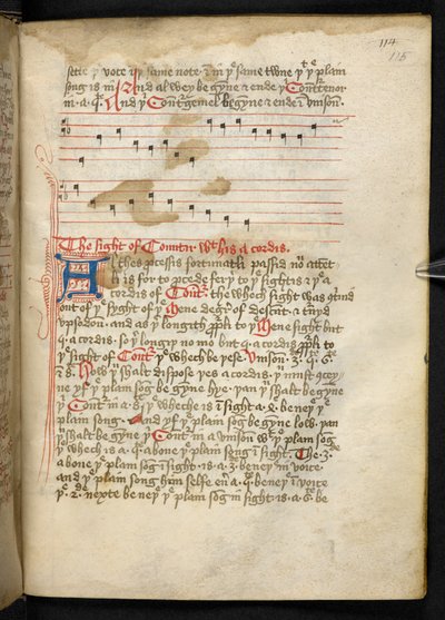 Lansdowne 763, f.115r, Svazek poctivě napsaný na pergamenu v patnáctém století a obsahující starodávná a velmi zajímavá pojednání o hudbě od různých autorů. od English School