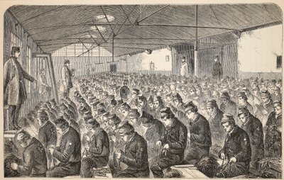 Velká dubová místnost (v rámci tichého systému) v nápravném zařízení Middlesex House of Correction, Coldbath Fields, ilustrace z knihy The Criminal Prisons of London and Scenes from Prison Life od Henryho Mayhewa a Johna. od English School