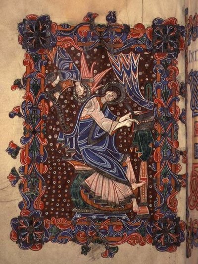 Lat 14782 f.16v St. Matouš píšící své evangelium, kolem 1080 (vellum) od English School