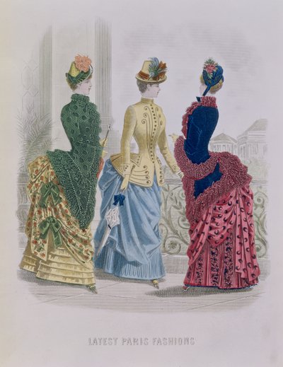 Nejnovější pařížská móda, třídenní šaty v módním talíři od The Queen, květen 1885 od English School