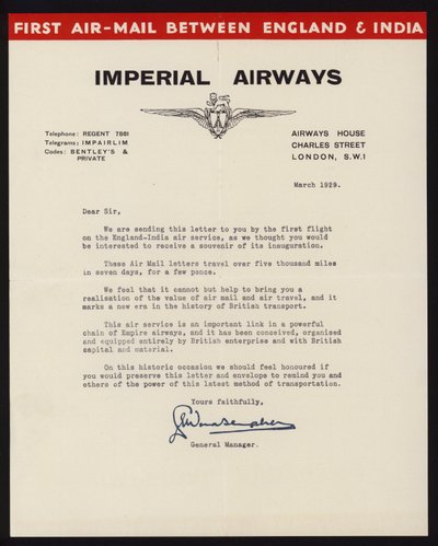 Zahájení první letecké poštovní služby mezi Anglií a Indií společností Imperial Airways v březnu 1929 (litho) od English School