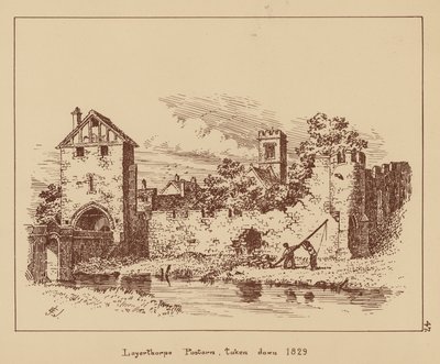 Layerthorpe Postern, stržena 1829 (litografie) od English School