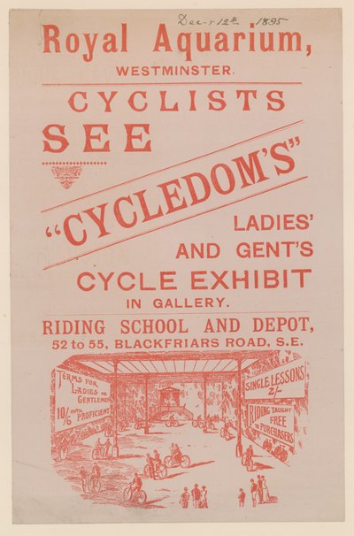 Leták propagující výstavu cyklistických cyklů Cycledoms Ladies and Gents v Royal Aquarium od English School