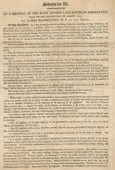 Leták vysvětlující rozhodnutí West London Lancasterian Association začít poskytovat dětem výuku, srpen 1813 od English School