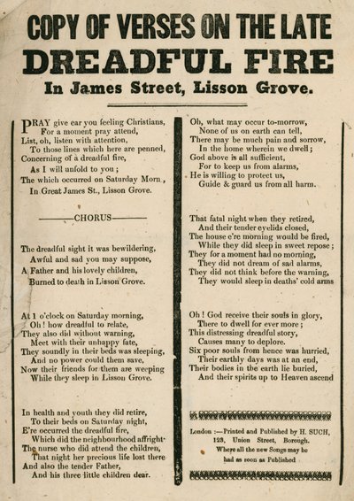 Leták s verši týkajícími se požáru v James Street, Lisson Grove, Londýn od English School