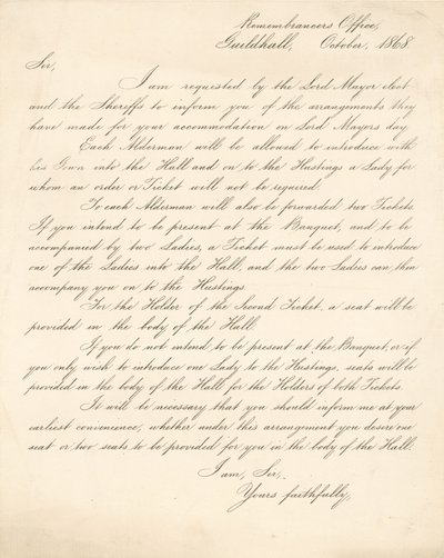Dopis s podrobnostmi o uspořádání banketu v Guildhall v Londýně dne 9. listopadu 1868 od English School
