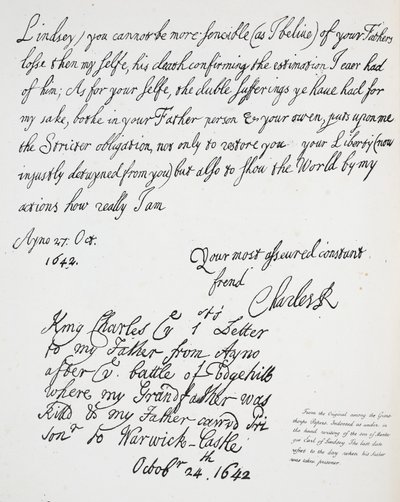 Dopis Karla II Montagueovi, hraběti z Lindsey, 27. října 1642 od English School