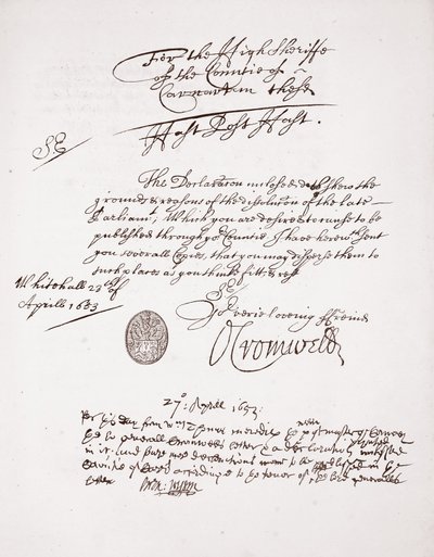 Dopis od Olivera Cromwella, duben 1653 od English School