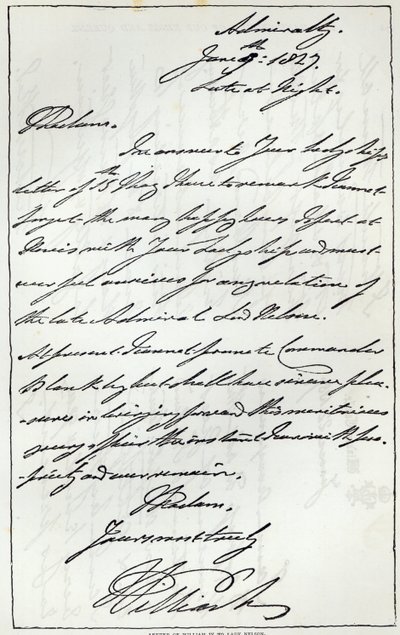 Dopis Williama IV lady Nelsonové, 1827, publikovaný v 