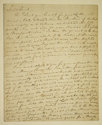 Dopis od Williama Woodfalla (1746-1803) herci Johnu Quickovi (1748-1831) ohledně příznivých recenzí Johna Hendersona na Haymarket od English School