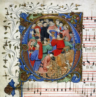 Dopis středověké pijácké písně z Windsor Carol Book, cca 1440 (miniatura) od English School