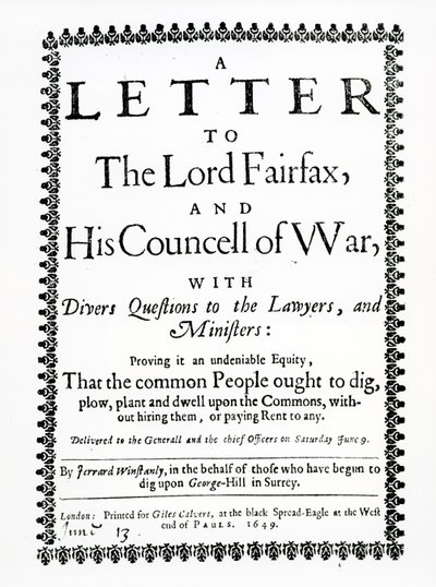 Dopis lordu Fairfaxovi od Gerrarda Winstanleyho (asi 1609-60) jménem Diggers at St. George Hill, Surrey, tištěný 1649 od English School