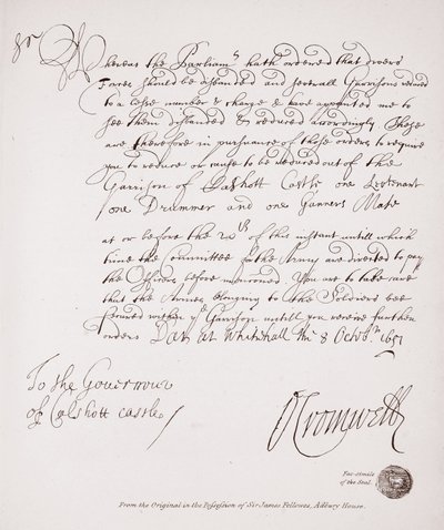 Dopis guvernérovi hradu Calshott od Olivera Cromwella, 1651, faksimile z originálu v majetku Sira Jamese Fellowese, Adbury House od English School