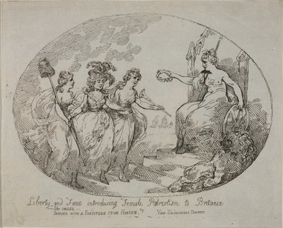 Svoboda a sláva představující ženské vlastenectví; Britannia a vévodkyně z Devonshiru (rytina) od English School