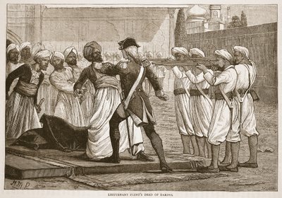 Poručík Flints Deed of Daring, ilustrace z Cassells Illustrated History of India od Jamese Granta, hospoda. 1879 od English School