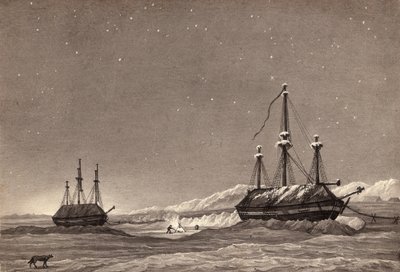 První plavba poručíka Williama Parryho: H.M.S. Hecla a H.M.S. Griper ve Winter Harbour, kolem roku 1819 (pero, inkoust a mytí na papíře) od English School