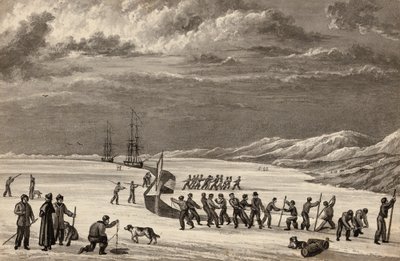 První plavba poručíka Williama Parryho: Posádky H.M.S. Hecla a H.M.S. Griper zasahující do Winter Harbour, kolem roku 1819 od English School