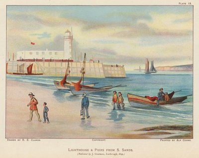 Maják a molo ze South Sands, Scarborough (barevná litografie) od English School