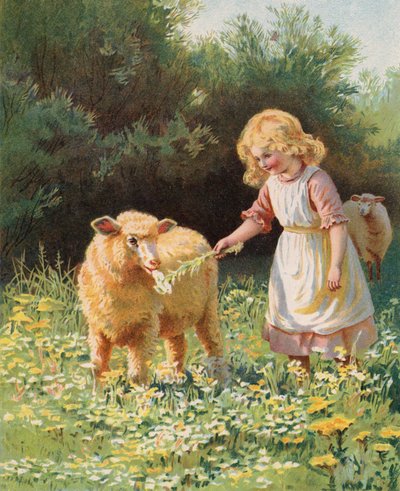 Holčička krmí květinu ovci na louce (chromolitho) od English School