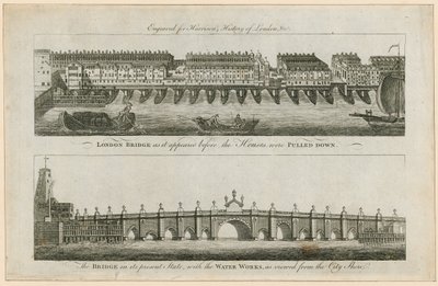 London Bridge předtím, než byly domy strženy, a v současném stavu od English School