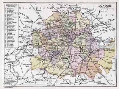 Londýn, Metropolitan Boroughs (barevné lito) od English School