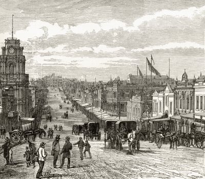 Pohled na východ po Bourke Street, Melbourne, kolem roku 1880, z 