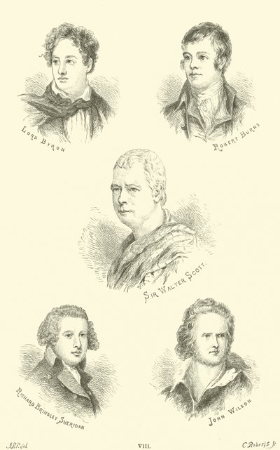 Lord Byron, Robert Burns, Sir Walter Scott, Richard Brinsley Sheridan, John Wilson od English School