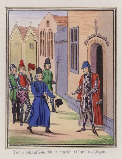 Lord Charles Of Blois získává do vlastnictví město Jugon (barevná rytina) od English School