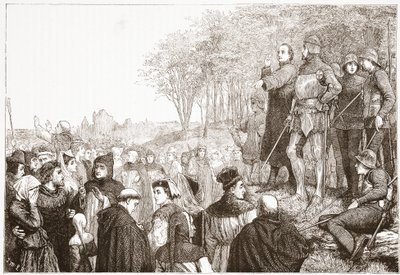 Lord Cobham at a Lollard Preaching, ilustrace z Historie protestantismu od Jamese Aitkena Wylie (1808-1890), hospoda. 1878 od English School