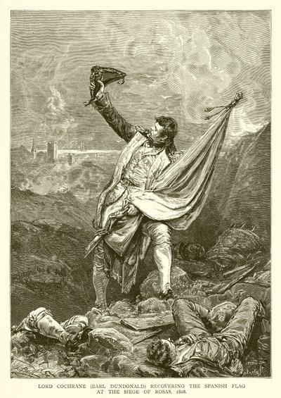 Lord Cochrane (Earl Dundonald) získává španělskou vlajku při obléhání Rosas, 1808 od English School