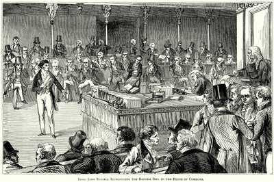 Lord John Russell při představování návrhu zákona o reformě v Dolní sněmovně (rytina) od English School