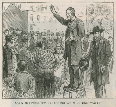 Lord Shaftesbury káže v Mile End Waste v Londýně od English School