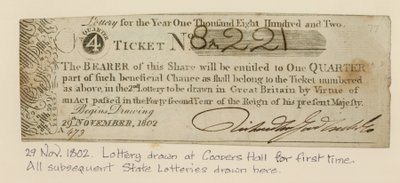Loterie vylosovaná v Coopers Hall poprvé, 29. listopadu 1802 od English School