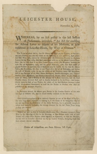 Loterie pro likvidaci Sir Ashton Levers Museum, 1784 od English School