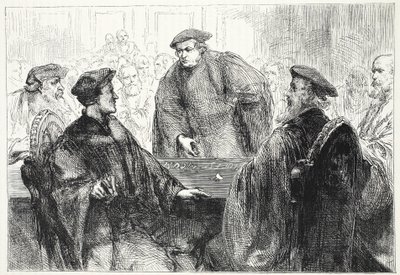 Luther a Zwingle diskutující v Marburgu, ilustrace z Historie protestantismu od Jamese Aitkena Wylie (1808-1890), hospoda. 1878 od English School
