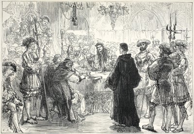 Luther před sněmem ve Wormsu, ilustrace z Historie protestantismu od Jamese Aitkena Wylie (1808-1890), pub. 1878 od English School