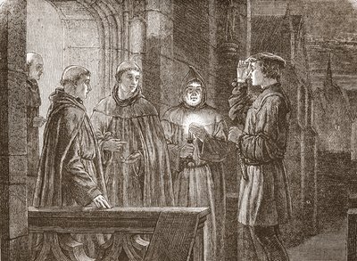 Luther vstupující do augustiniánského kláštera, ilustrace z Historie protestantismu od Jamese Aitkena Wylie (1808-1890), hospoda. 1878 od English School