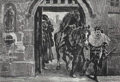 Luther na útěku z Augsburgu, ilustrace z Dějin protestantismu od Jamese Aitkena Wylie (1808-1890), hospoda. 1878 od English School