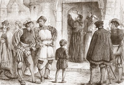 Luther přibíjející své teze na dveře zámku Schloss-Kirk ve Wittembergu, ilustrace z Dějin protestantismu od Jamese Aitkena Wylie (1808-1890), hospoda. 1878 od English School