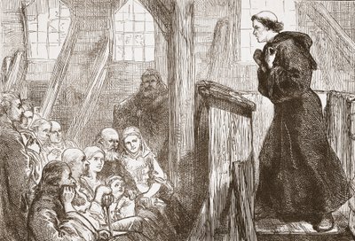 Luther káže ve starém dřevěném kostele ve Wittenbergu, ilustrace z Historie protestantismu od Jamese Aitkena Wylie (1808-1890), hospoda. 1878 od English School