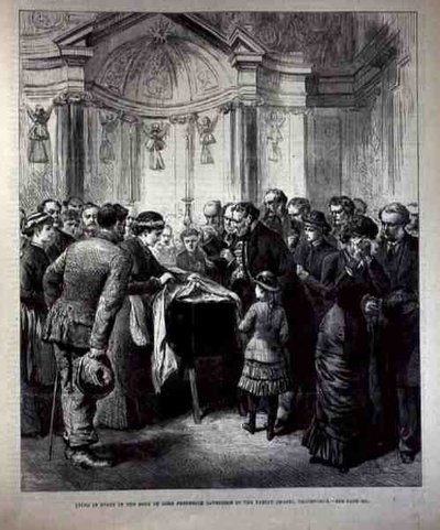 Ležící ve státě, tělo lorda Fredericka Cavendishe (1836-82) v rodinné kapli, Chatsworth, z The Illustrated London News, 20. května 1882 od English School