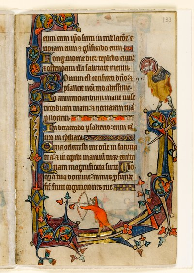 MS 1-2005, fol. 133r: Archer and St. John the Baptist, okrajová dekorace z Macclesfieldského žaltáře, Use of Sarum, East Anglia, c.1330 od English School