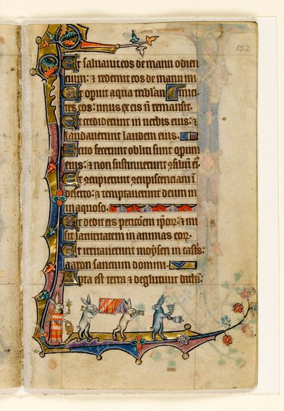MS 1-2005, fol. 152r: A Rabbit Funeral Procession, marginální výzdoba z Macclesfield Psalter, Use of Sarum, East Anglia, cca 1330 od English School