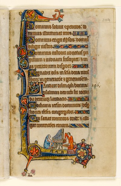 MS 1-2005, fol. 204r: Hra na varhany, okrajová dekorace z Macclesfieldského žaltáře, Use of Sarum, East Anglia, c.1330 od English School